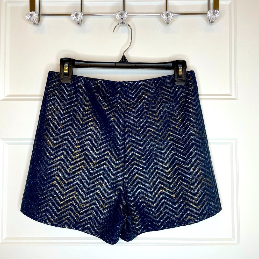 High Waist Chevron Print Sparkly Blue shorts with Gold details